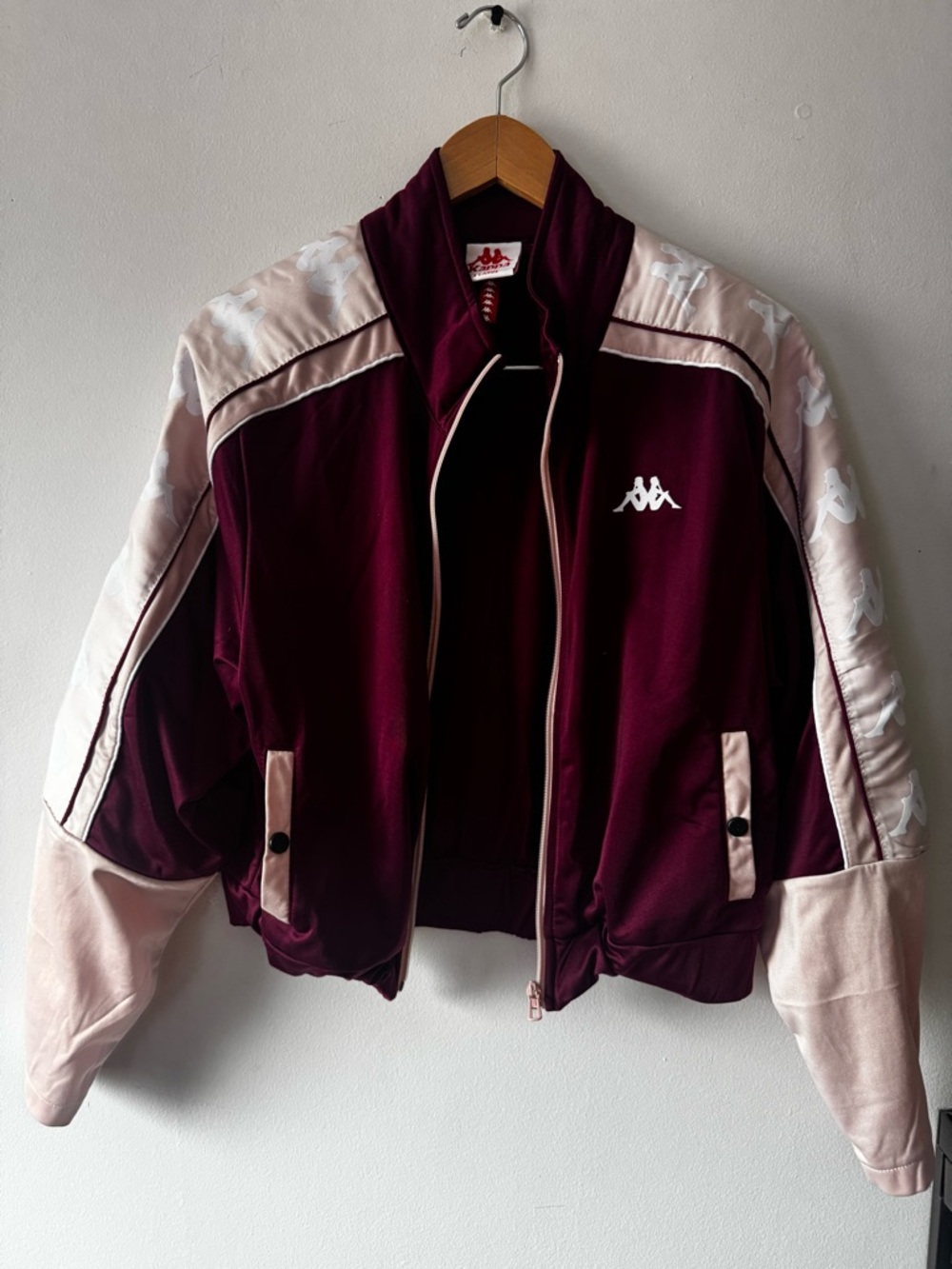 Kappa Women's Burgundy and Pale Pink Cropped Varsity Jacket
